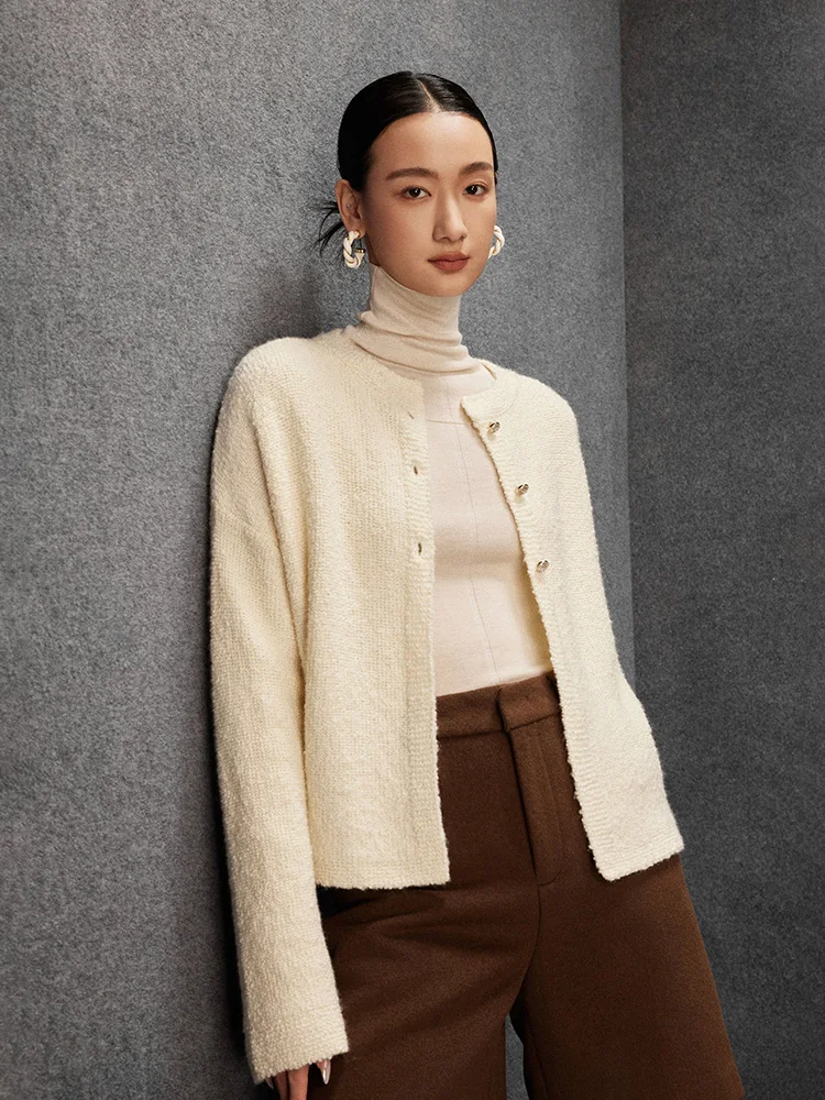 

Wei Шерстяной открытый кардиган с текстурой f-Bunched oulder Long Sve round Ne Вязаный свитер Ladylike Commute Sle Reg...