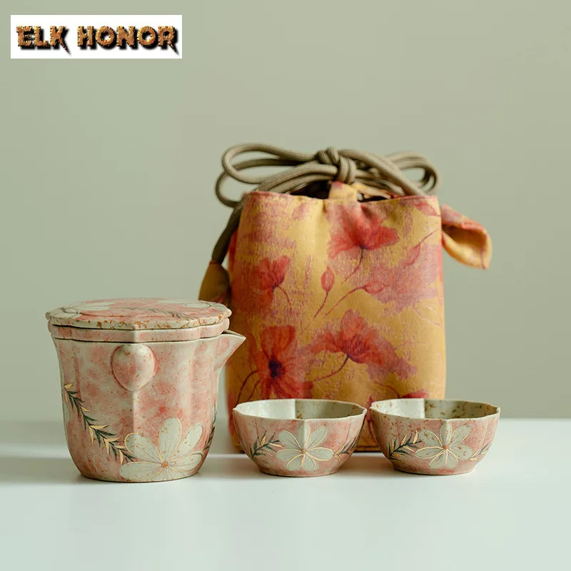 Hand-painted Flower Travel Tea Set Kit Zen 1 Pot 2 Cups Tea Brewing Organizer Portable Picnic Tote Bag Accessories Ornaments