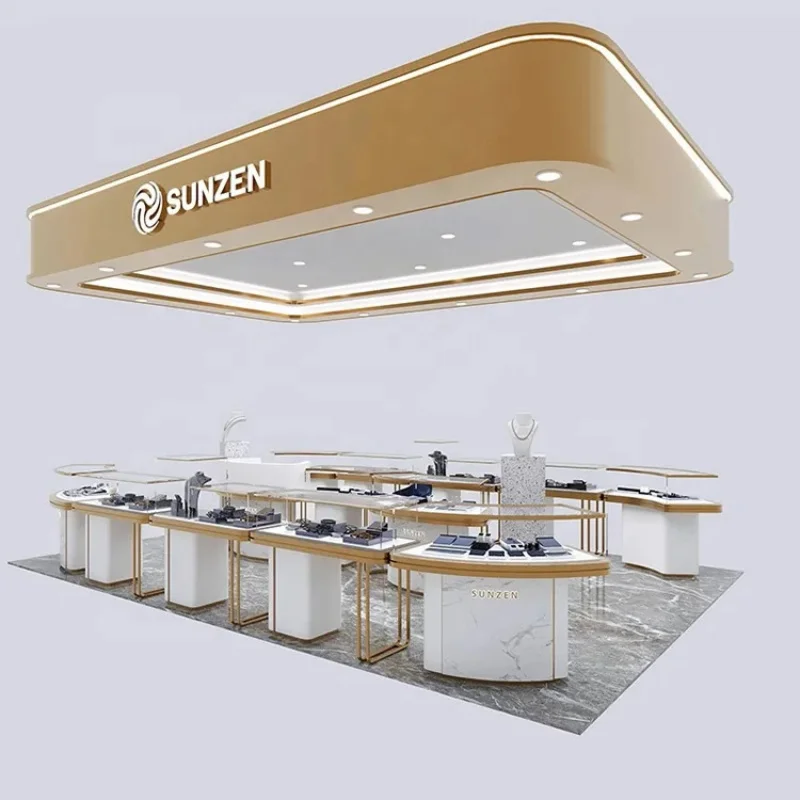 custom.Plated Jewelry Kiosk Luxury Shopping Mall Glass Counter Customized Jewelry Display Showcases Sets Jewellery