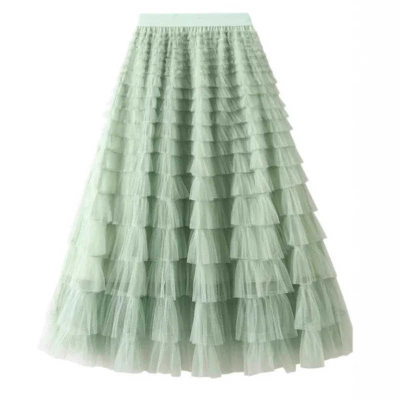 Hot Solid Multilayer Ruffle Mesh Skirt Women Boho High Waist Long Maxi Tulle Skirt Spring Summer Party Women's Clothing