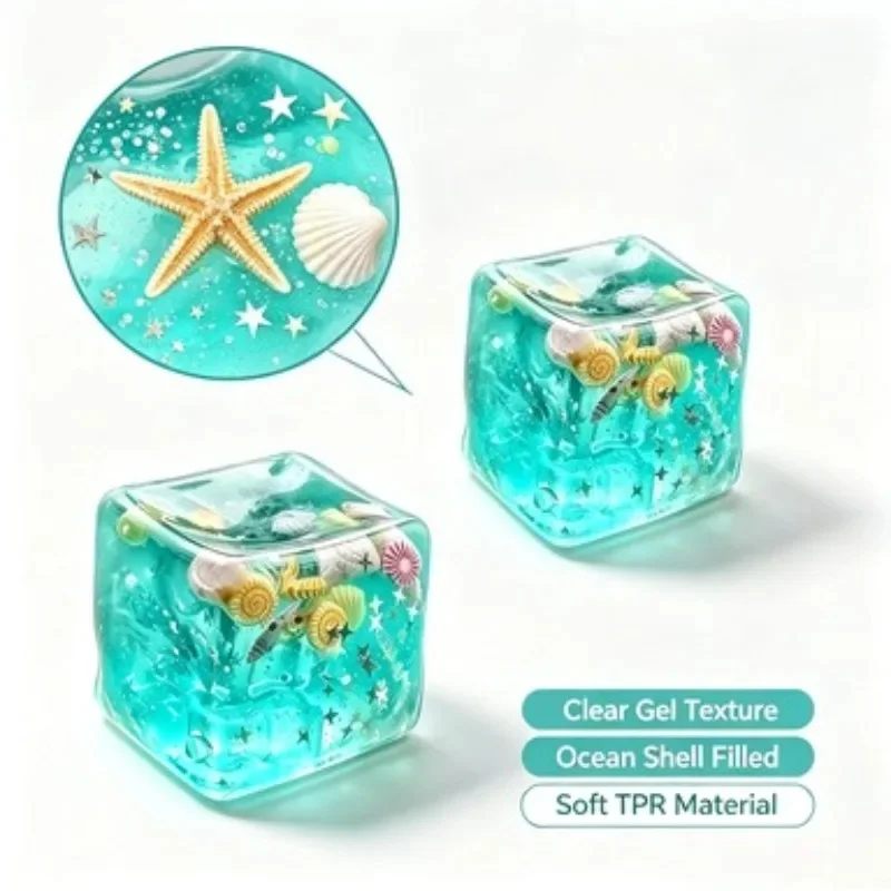 Ocean Gel Cube Squishy Squeeze Toy, Clear Sensory Fidget Toy Filled with Starfish & Shell, Stress Relief Decompression Toy