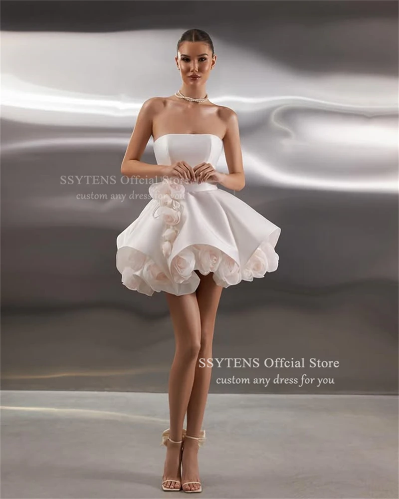 SSYTENS Ivory ชุดแต่งงานสั้นแขนกุด A-Line Mini ชุดเจ้าสาวที่ไม่มีสายหนังดอกไม้โมเดิร์น Gowns งานแต่งงานที่กําหนดเอง