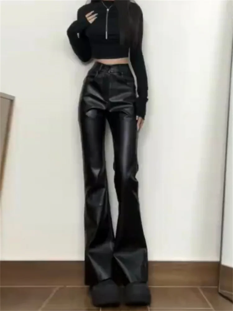 

Женские брюки-клеш из черной искусственной кожи с высокой талией, больших размеров, повседневные, длинные, в пол, с драпировкой, стройнящие, осенние