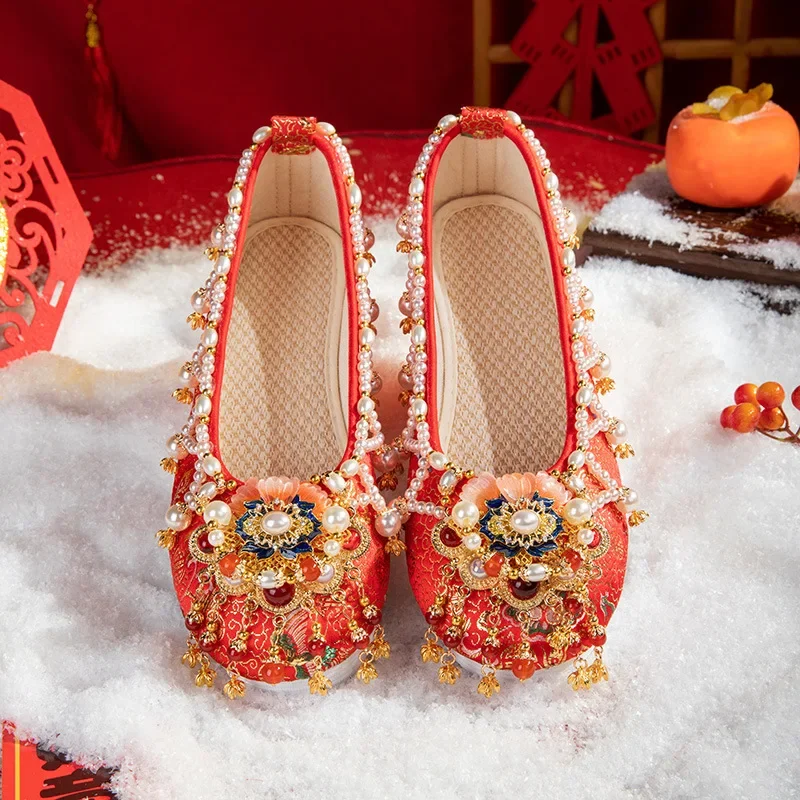 

CY322 2024 Spring New Style Xiuhe Shoes Flat Four Beaded Hanfu Wedding Chinese Wedding Bride Shoe