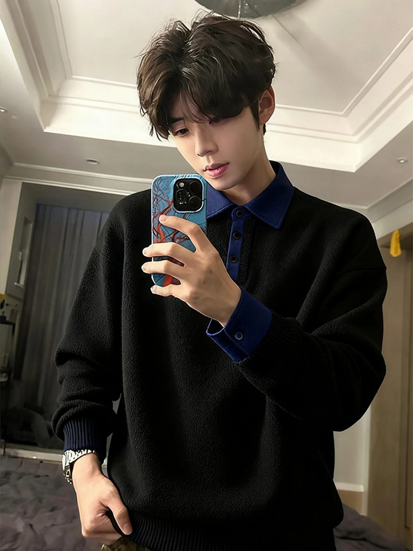 

Мужской зимний трикотажный свитер-обманка с длинным рукавом и воротником, утепленный, свободного кроя, комфортный, S...