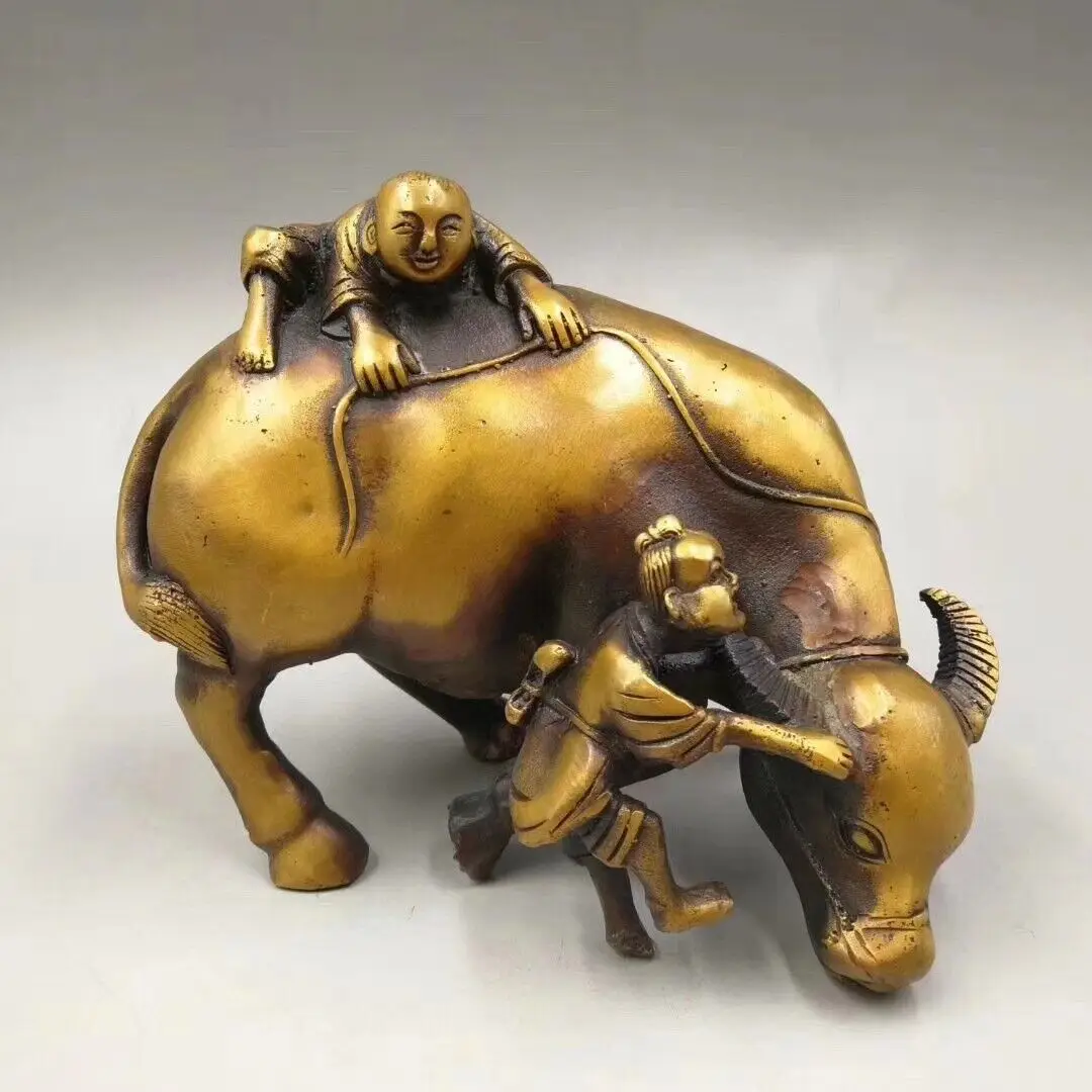 Countryside Shepherd Boy Ox Cattle Home Ornaments Collection Old Antique Brass