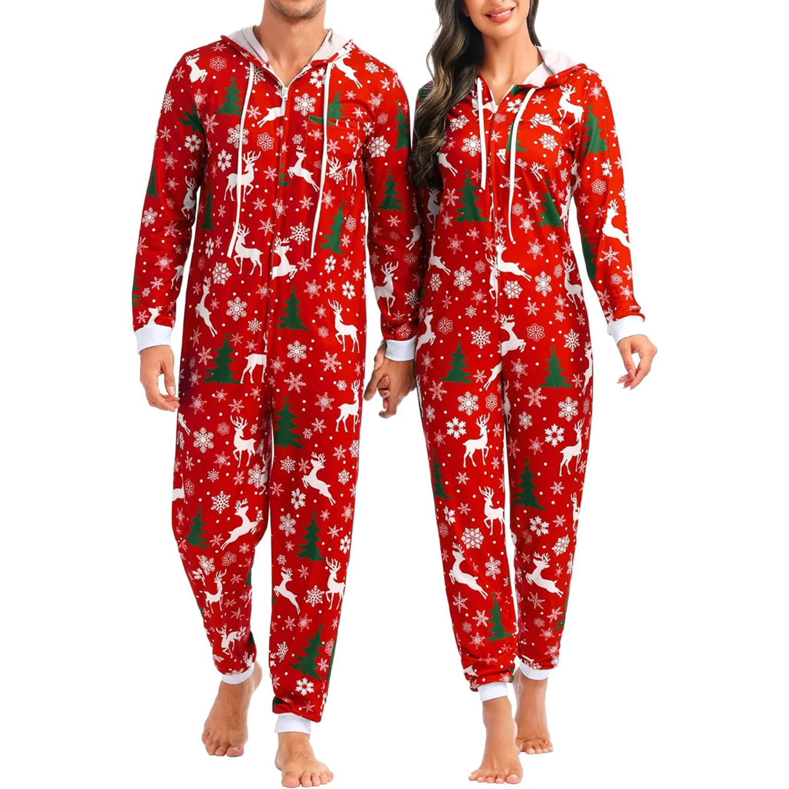 New Couples Christmas Pajama Set Cute Print Hooded Zipper Rompers Loungewear Soft Sleepwear for Women Men Nightwear