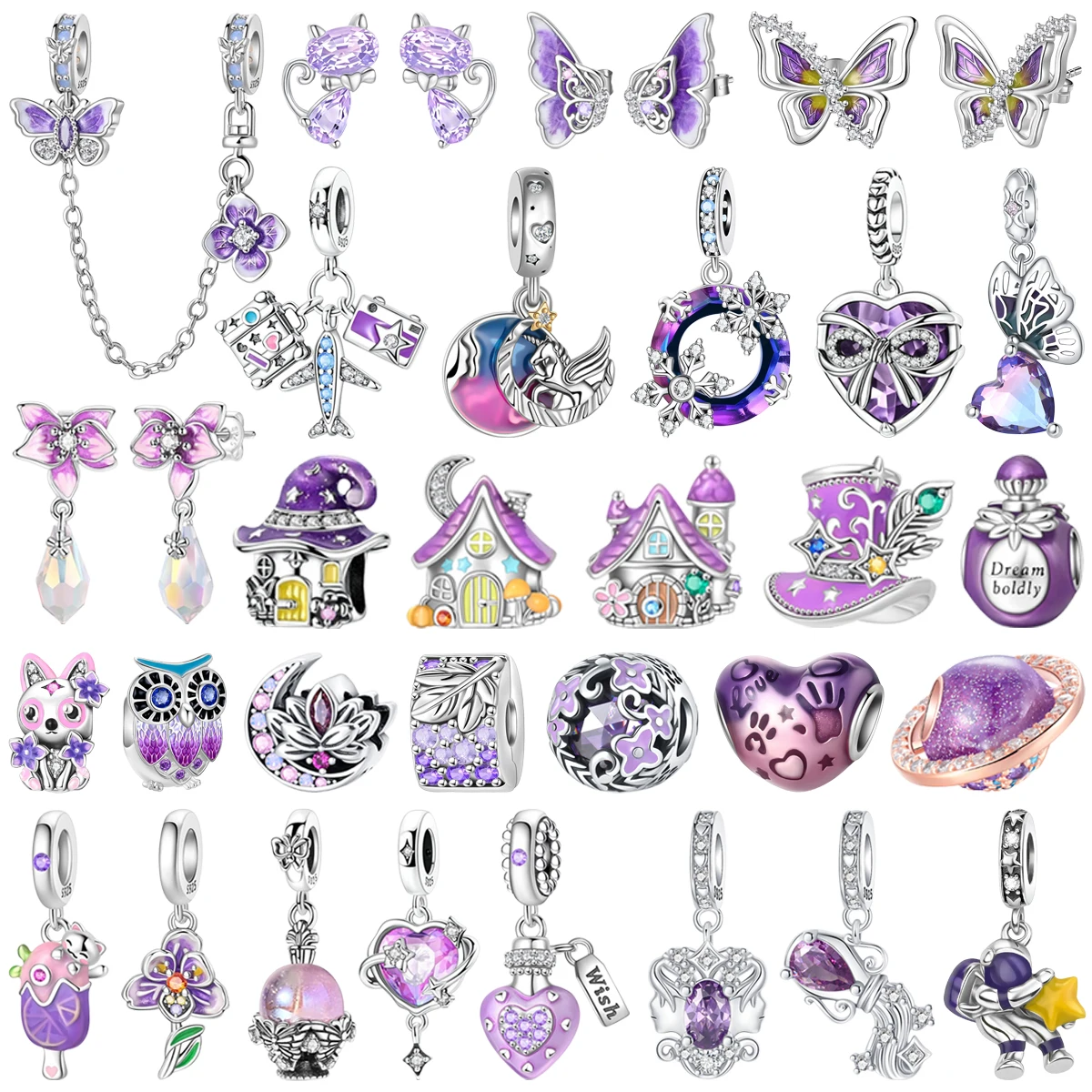 Dreamy 925 Sterling Silver Purple Magic House Butterfly Iris Flower Owl Beads Pendant Fit Women's Bracelet Necklace Jewelry Gift