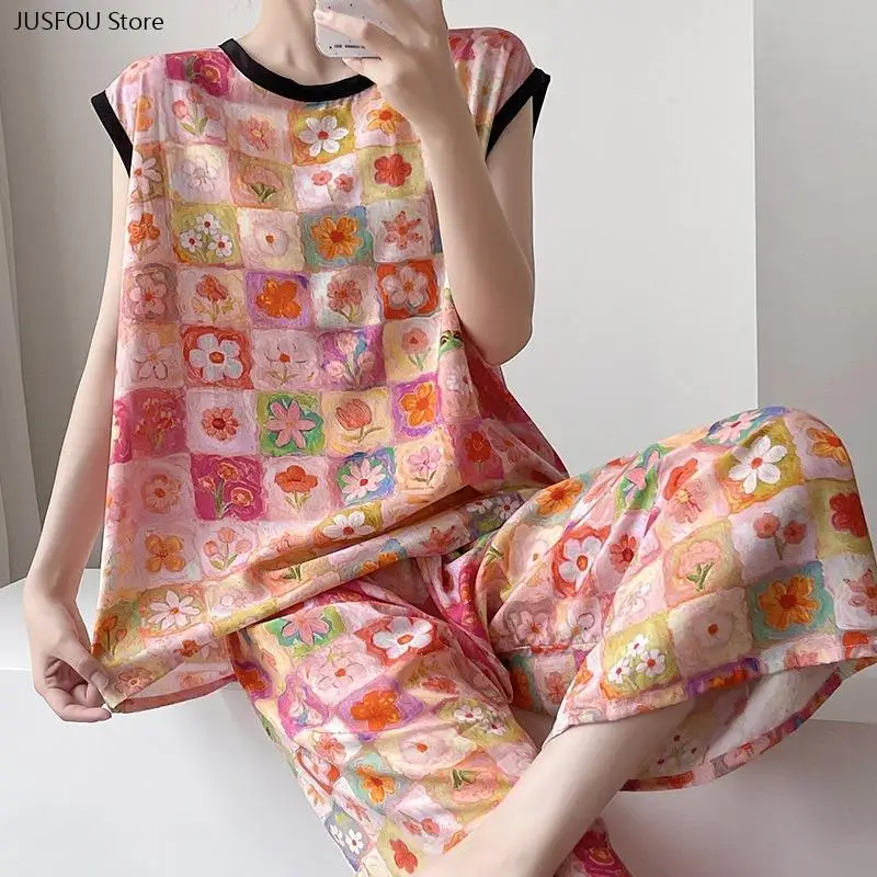 Women Loose Wide Leg Long Pants Pajama Set, Fashion Casual Wear Out Home Loungewear Sleepwear for Daily Wear