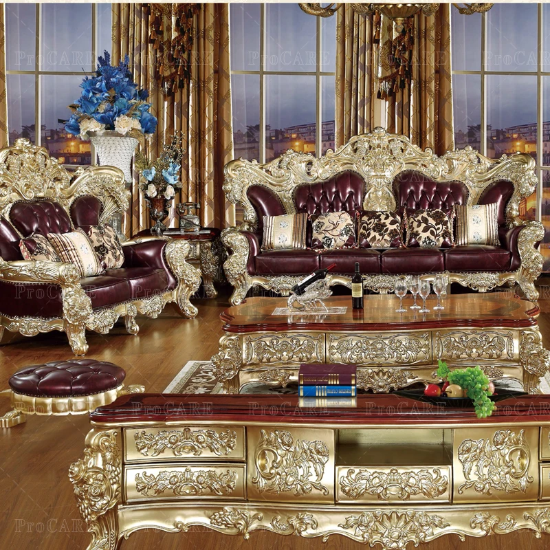 ProCARE European sofa American villa living room genuine leather solid wood carving living room sofa sets