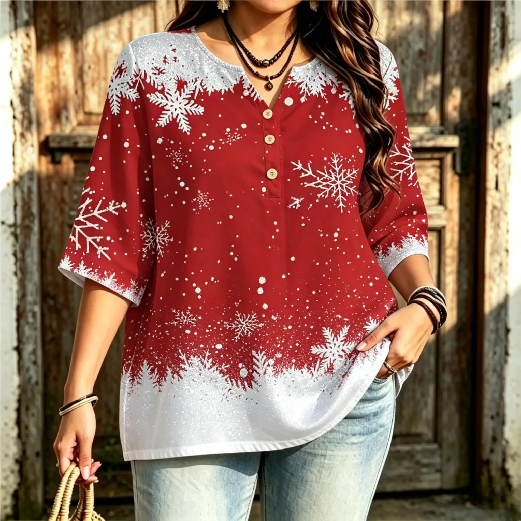 Women V‑Neck 3/4 Sleeve Blouse Christmas Snowflake Snow Scene Border Print Fall Winter Holiday Casual Top
