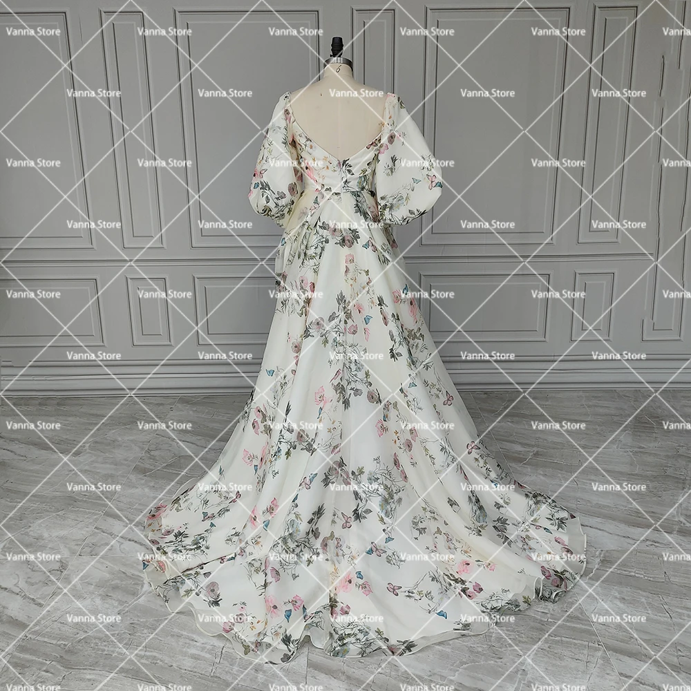 Vestido de novia de manga larga con estampado Floral, cola capilla dividida alta, mariposa fruncida, elegante vestido de Boda de Princesa personalizado