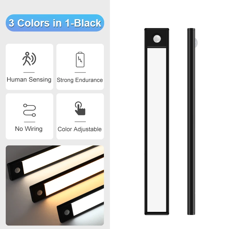 OUILA Lampe LED Armoire 43 Cm – Détecteur Mouvement, 3 Températures, Diminuable, USB Rechargeable – Lumière Placard Cuisine Escalier