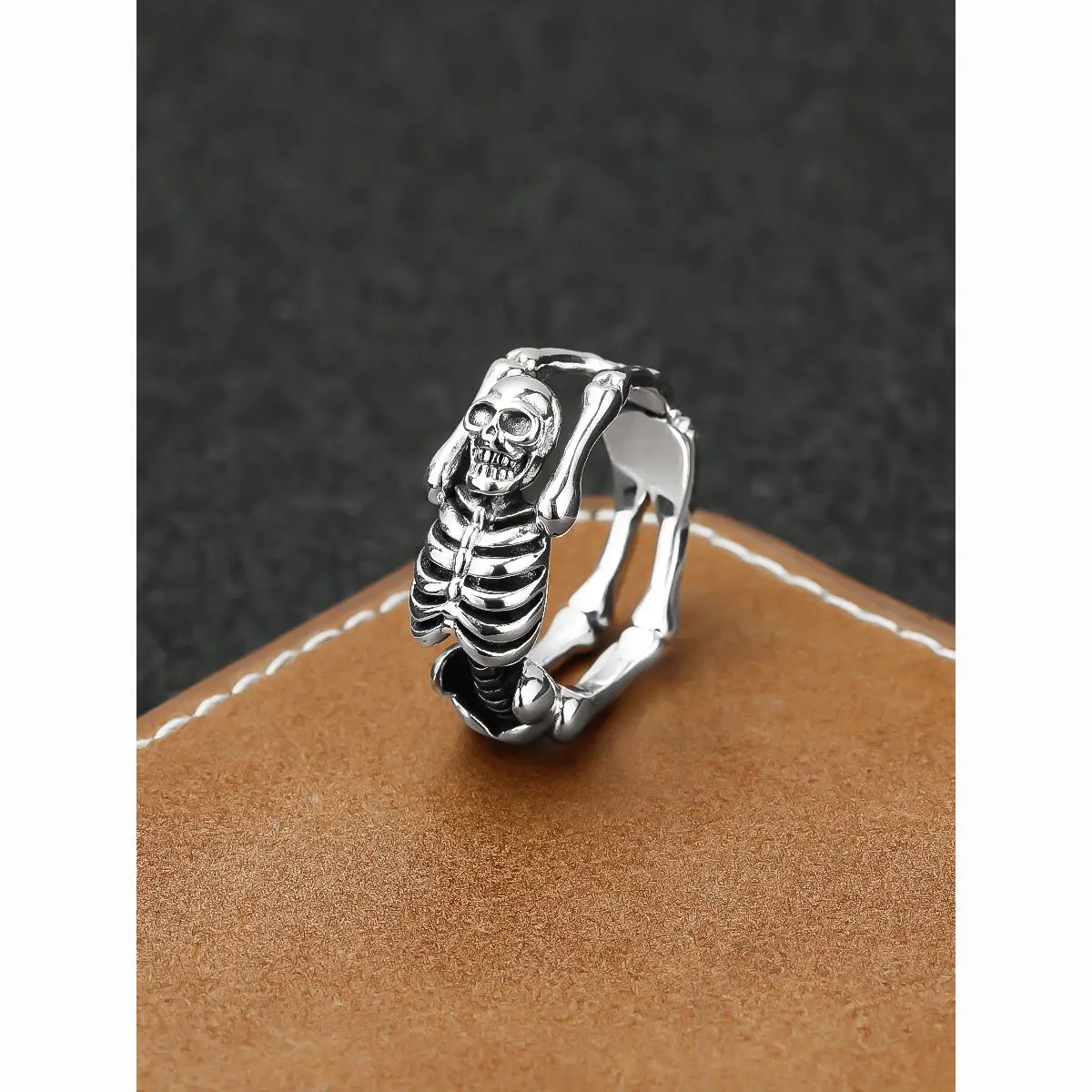 ​ Hinged Flip-Up Skull Ring - S925 Sterling Silver Punk Goth Ring, Interactive Opening Skeleton Band, Edgy Hip Hop Jewelry