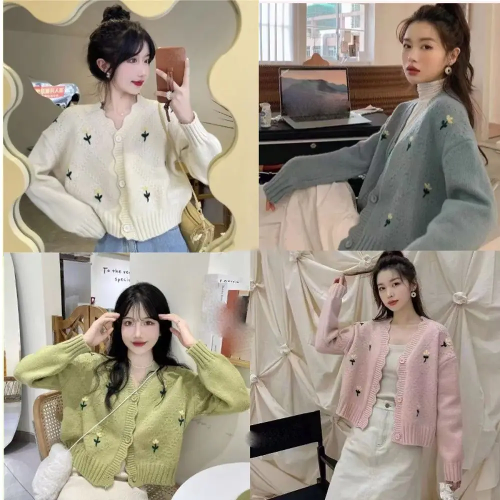 

Soft Candy Color Short Knitted Sweater Long Sleeve Flower Embroidery Women Knitted Cardigan Slim INS Korean Style Sweater JK