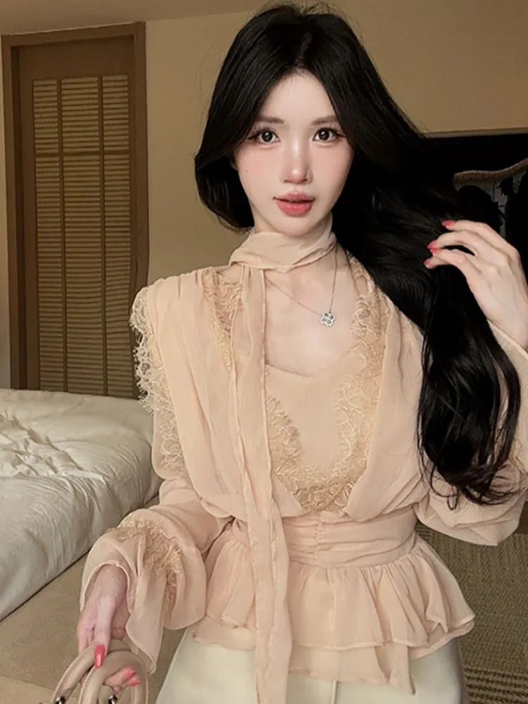 

French Style Lace Trim Belted Bell Sleeve Shirt Women Spring Summer Chiffon Blouse V Neck Tunic Top Citywalk Fashion