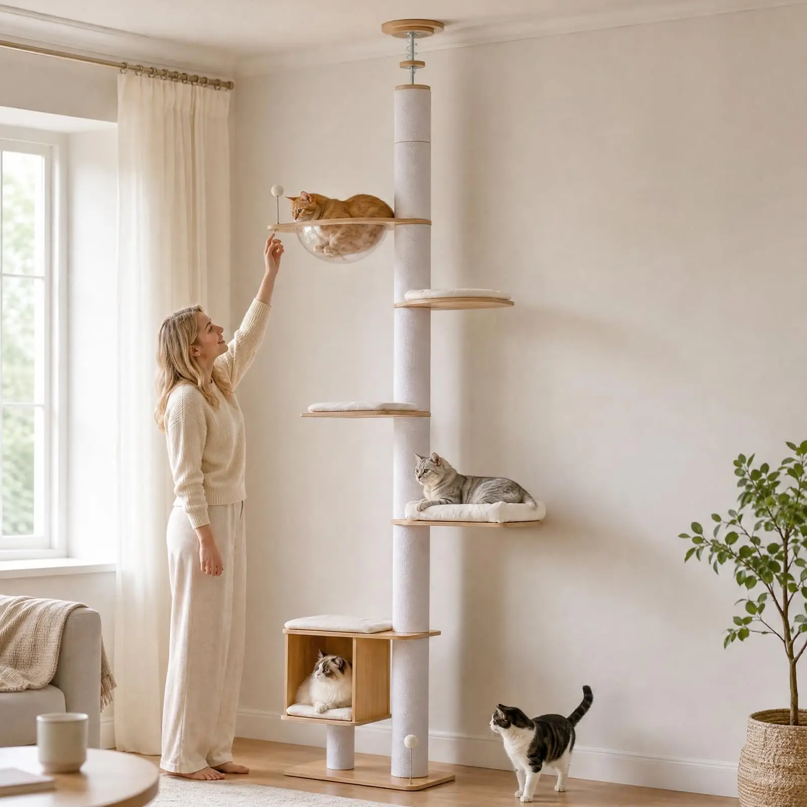 Floor to Ceiling Cat Tree, 6-Tier Adjustable Height(88.6-111.8 Inch) Wood Climbing Tower with 4