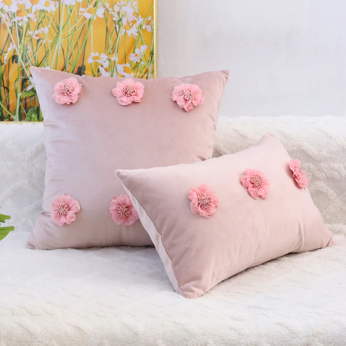 

Velvet Handmade Decal Craftsmanship Pillowcase with Embroidered Lace and Plush Ball Style Cushion Cover