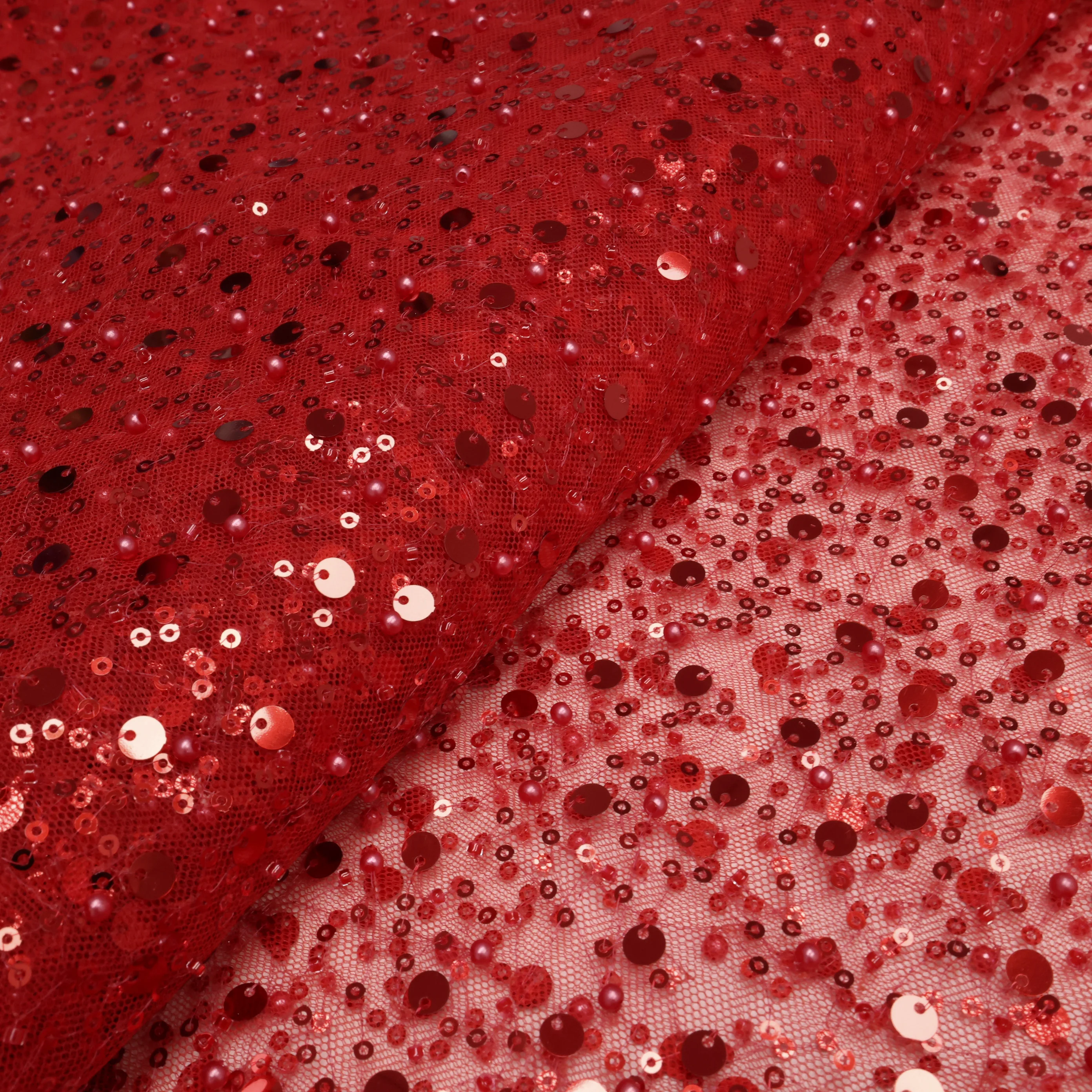 French Elegant Beaded Lace Fabric With Sequined Hot Sale African Lace Material Nigerian Tulle Mesh Lace Fabrics Wedding Dress