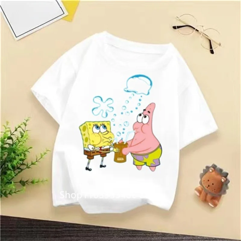 Fashion 2024 Summer Kids T-shirt, SpongeBob Squarepants Print Korean Hip Hop O-collar T-shirt, Harajuku kids set