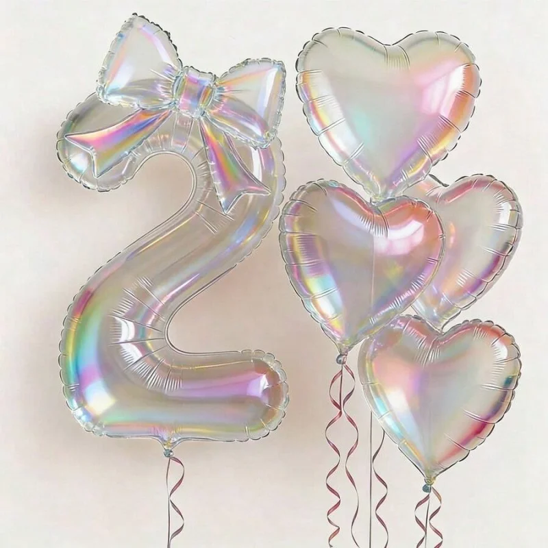 6Pcs Clear Number & Heart Balloon Set 24 Inch Digit Balloons with Ribbon Birthday Wedding Graduation Party Decor