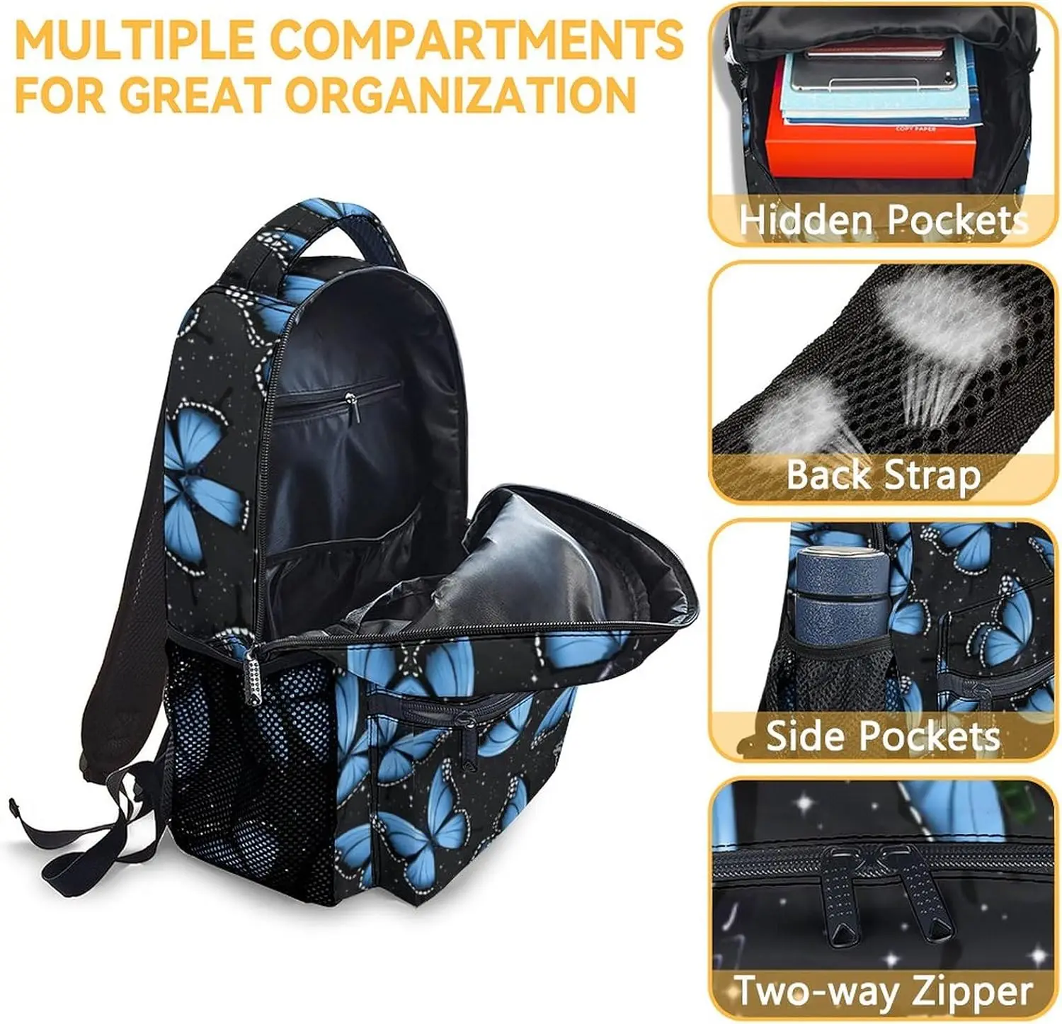 حقيبة ظهر على شكل فراشة للبنات، حقيبة ظهر جمالية مقاس 16 بوصة للمدرسة، أزرق، أشرطة قابلة للتعديل #6