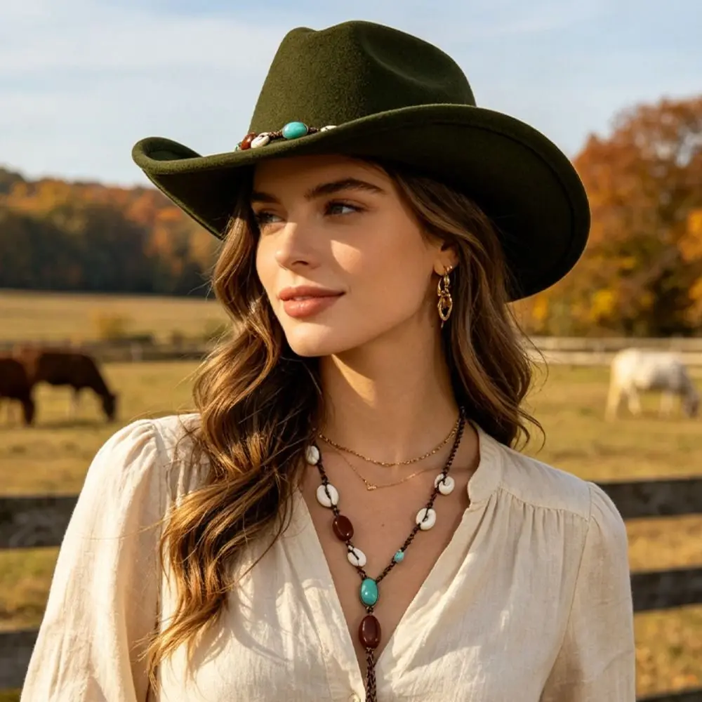 Comfortable Roll Up Brim Cowboy Hat Wide Brim Beaded Hatband Western Fedora Solid Color Cropped Jazz Hat Outdoor