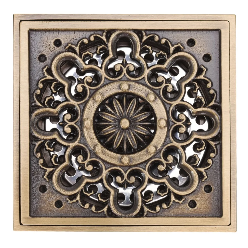 Classic Copper Material Floor Drain Square Large Flow Shower Drain Kit Rustproof Odor Proof Floor Strainer Tile Floor