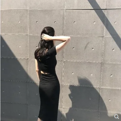 Summer Korean Version Ins Hip-wrapped Skirt, Sexy Medium And Long Split-ended Short-sleeved Backless Dress For Women