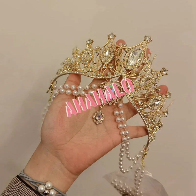 Gothic KC Crown Halo Lolita Gorgeous Bead Chain Pendant Gold Black Crown Headpiece Sun Goddess Queen Princess Hair Accessories