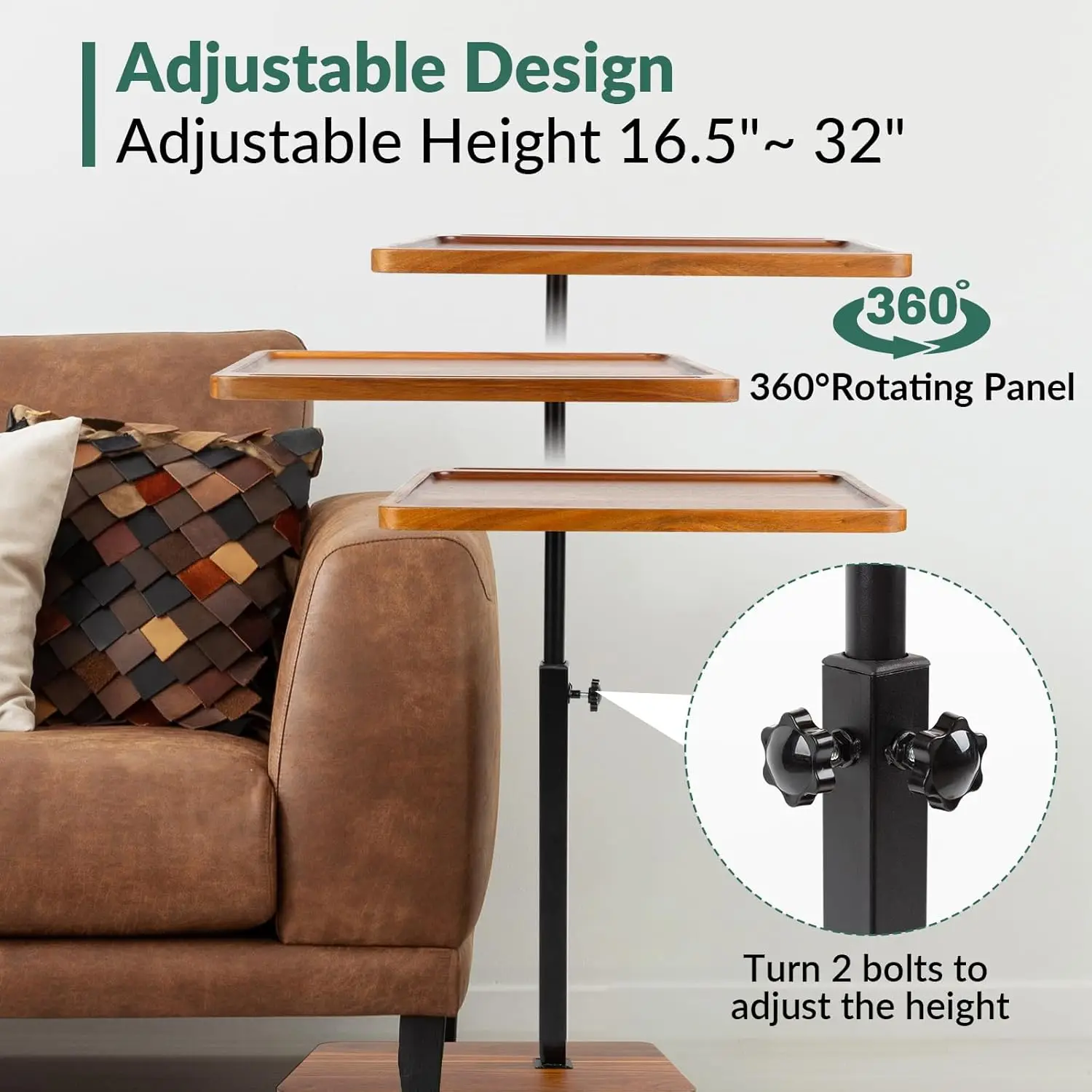 360° Swivel Height Adjustable TV Tray with Phone & Tablet Slot,Snack Side Table End Table for Small Spaces, Bed or Chair