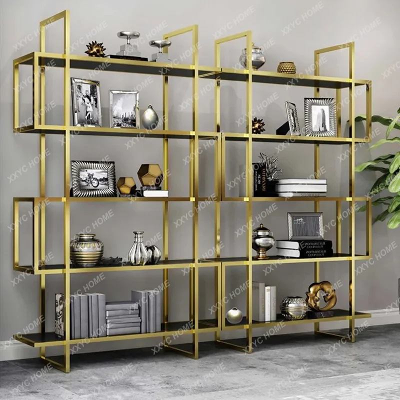 Light luxury stainless steel bookshelf shelf floor-to-ceiling living room simple modern creative display shelf Bogu shelf