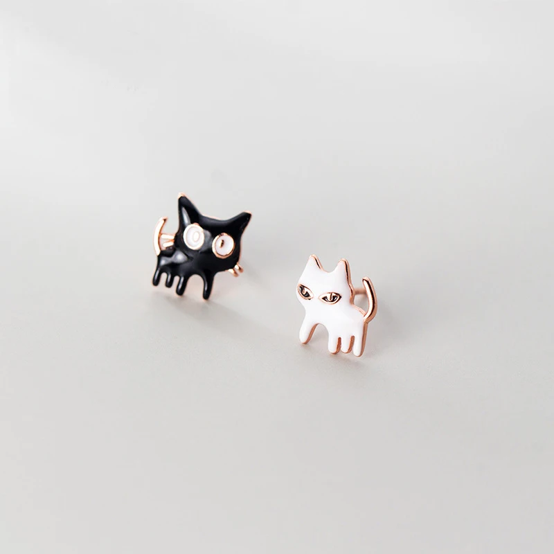 MloveAcc Lovely 925 Sterling Silver Stud Earring Black White Enamel Small Cat Earrings Women Girls Fashion Children Earrings