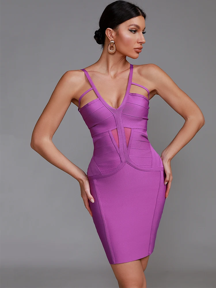 Purple Bandage Dress Women Sexy Party Dress Bodycon Elegant Mesh Insert Spaghetti Stap Birthday Evening Club Outfits Summer 2023