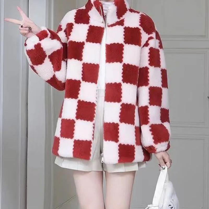 2023 New Plaid Women's Fashion Loose Women's Fur One Short Coat Winter Basic Stand-up Collar tosatura cappotto caldo marea femminile