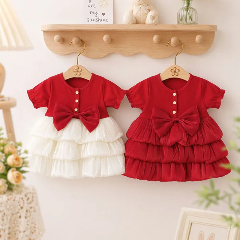 Children Summer Soft Big Bow Birthday Party Dress Baby Girls Short Sleeve New Years Christmas Costume Toddler Sweet Clothing