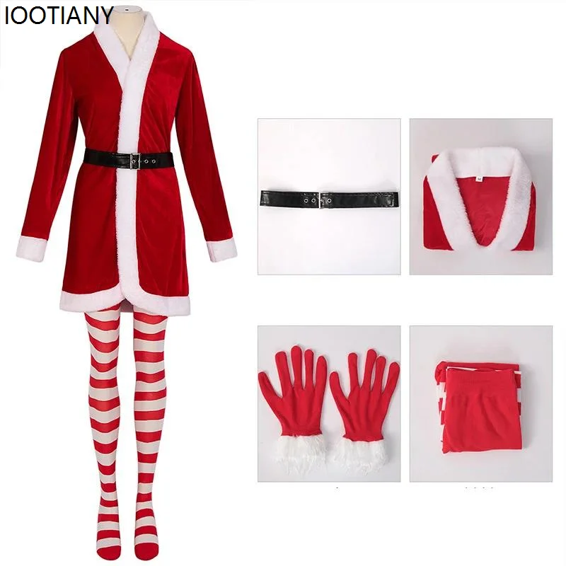 Herfst En Winter Kerst Kerstman Cosplay Kostuums Rood Roze Elf Fancy Fluwelen Jurk Vrouwen Sexy Xmas Party Maid Dress Up Nieuw