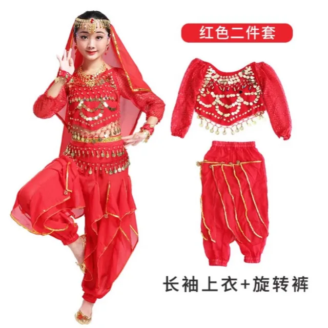 

Детский костюм для индийского танца, костюм для танцевального выступления, вращающиеся штаны, подчеркивающий костюм для танца живота с длинными рукавами