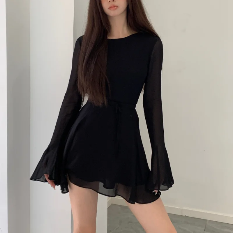 

Elegant Fashion Sexy Slim Women's Chiffon Cutout Dress Summer Backless Design Round Neck Black Prom Gown Y2K Gothic Streetwear