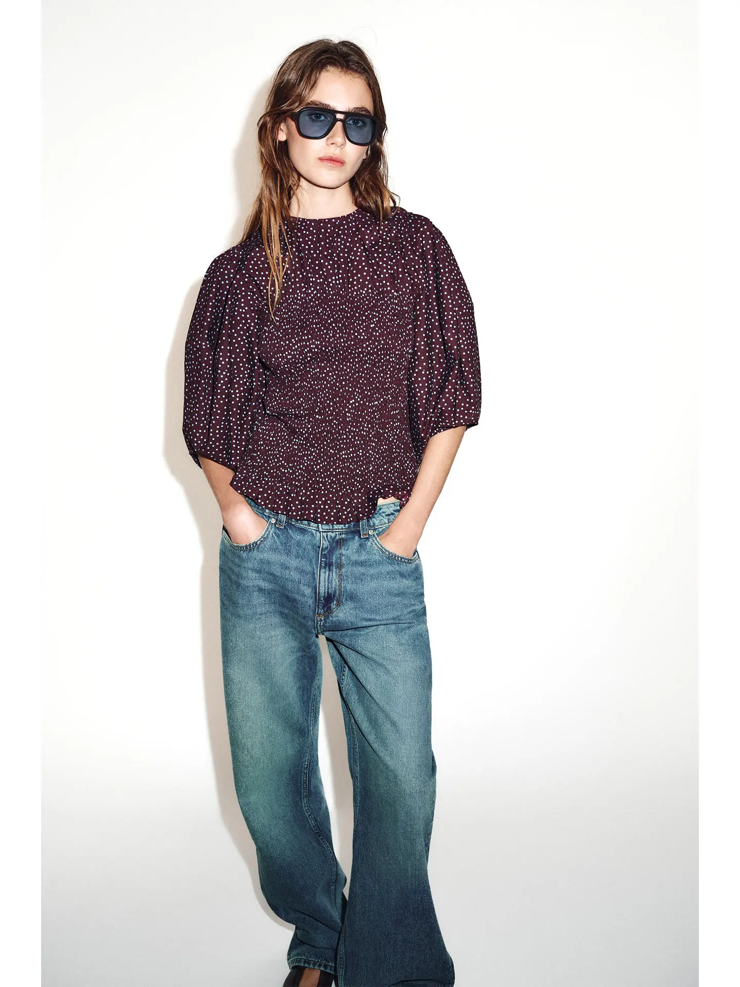 

Американская ретро-блузка в горошек с рукавами-баллонами, женская, приталенная, с утягивающим эффектом на талии, весна 2026, повседневная, свободного кроя, с круглым вырезом