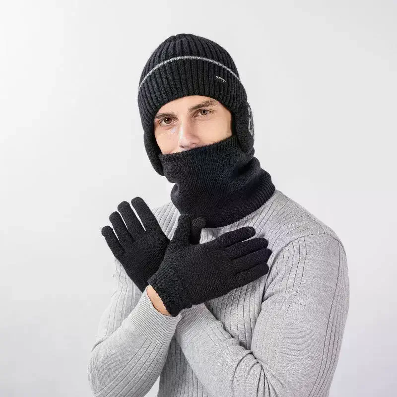 Winter Warm Thicken Hat Scarf And Gloves Set Mens Thermal Fleece Lined Slouchy Beanie Neck Scarves Gloves 3 In 1 Warm Set