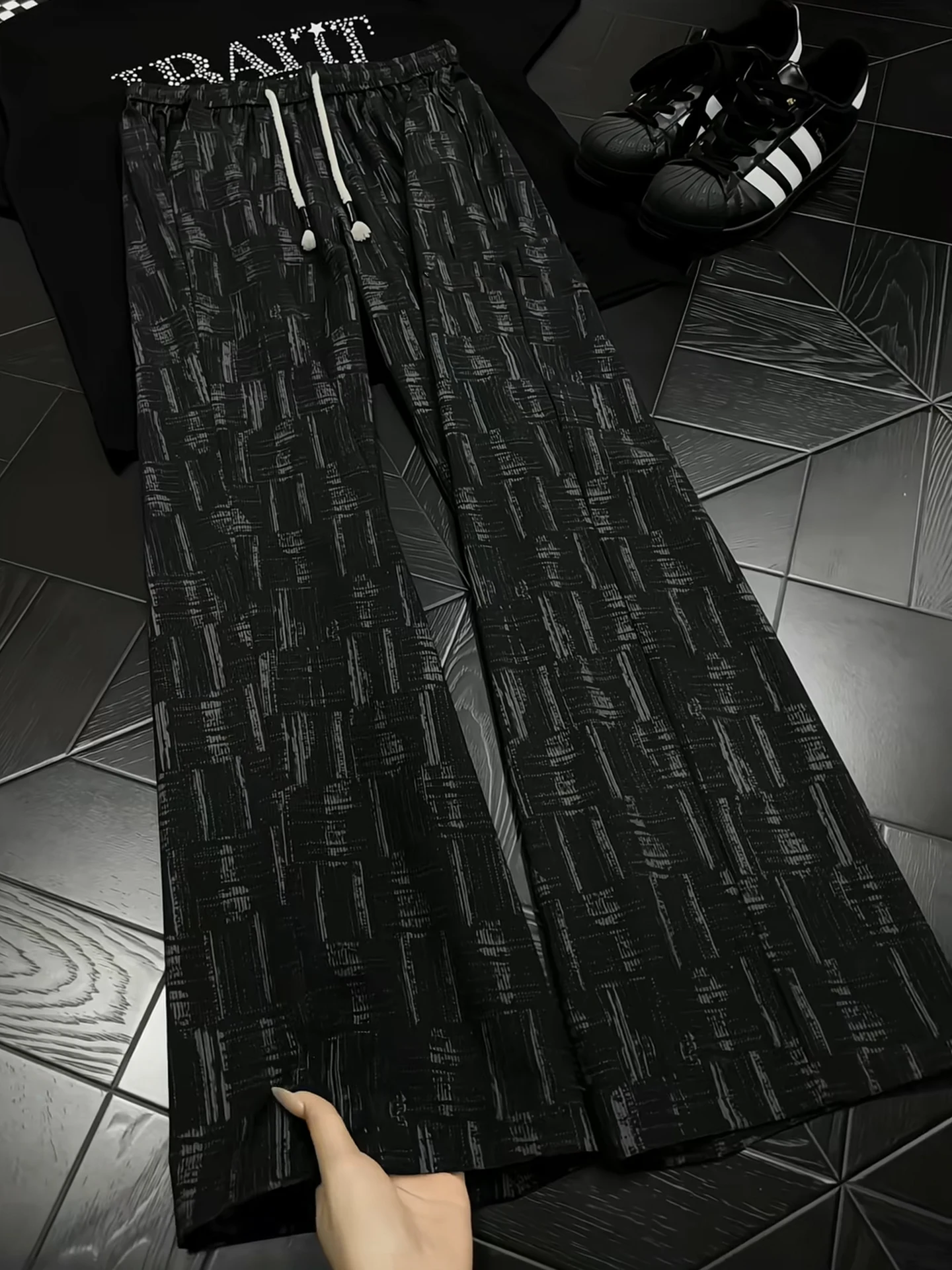 Black Plaid Ice Silk Straight Leg Pants Men's Summer American Retro Trousers Cleanfit Drapey Straight Leg Casual Pants