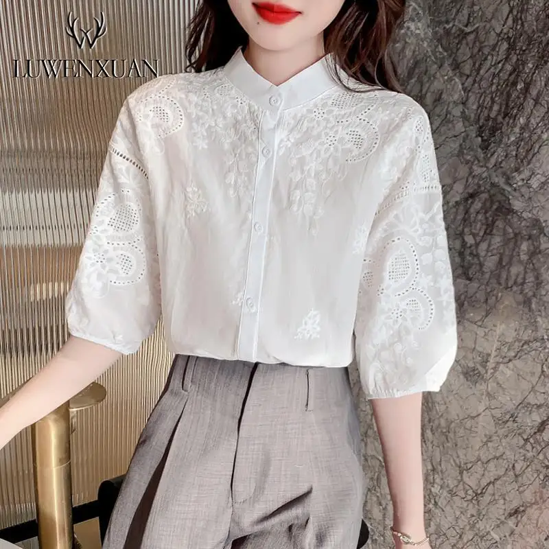 Elbow Sleeve Stand Collar Temperament Office Lady Fashion Casual Thin Spring Summer Solid Blouses Women\'s Clothing Hollow Out