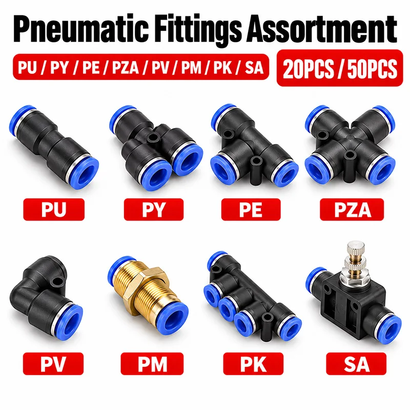 Pneumatic Push In Air Tube Fittings PU PV PY PE PZA PM PK SA 4 6 8 10 12mm OD Hose Quick Connectors 20 50PCS Packs for Air Lines