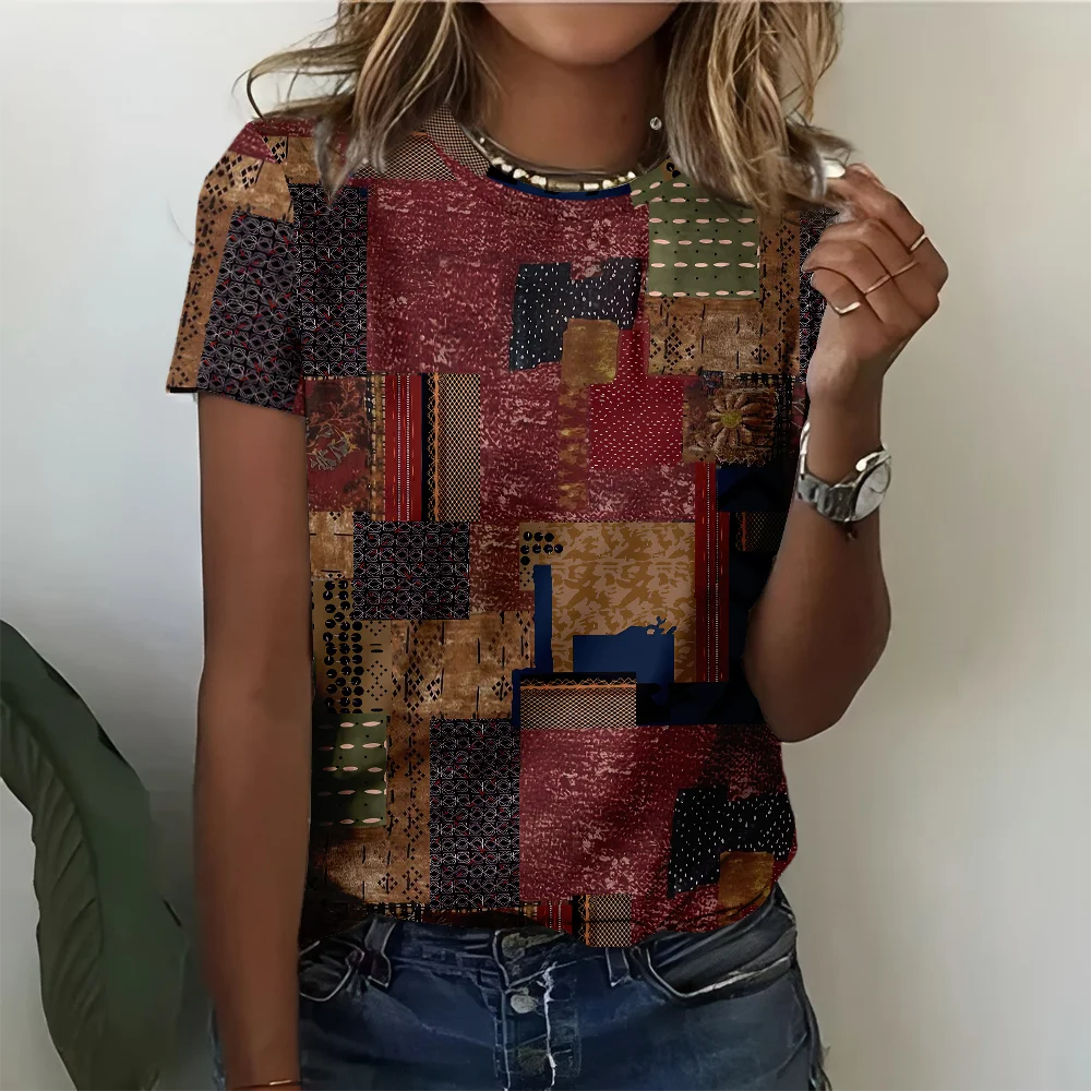 

Женская разноцветная лоскутная футболка с этническим узором, повседневная и модная летняя футболка с круглым вырезом и коротким рукавом