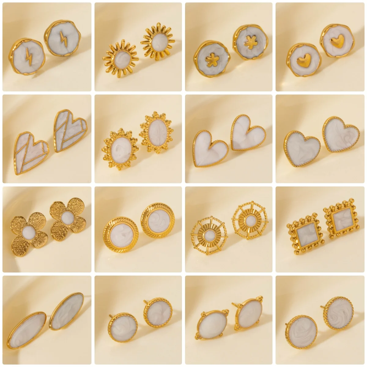 

Brief Retro White Gloss Drip Earring Compass Four Leaf Clover Flower Love Sun Geometry Stainless Steel Earrings With Earplugs