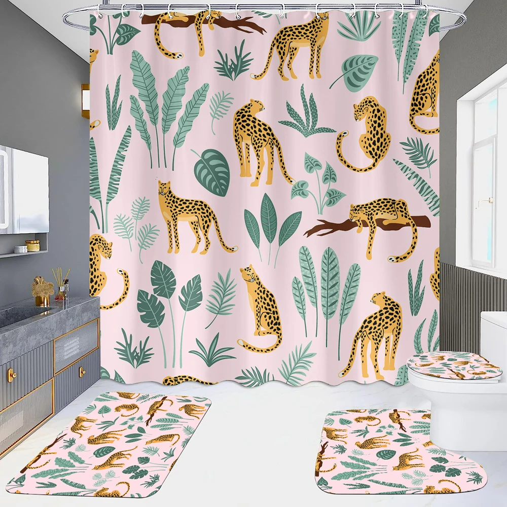 

African Leopard Shower Curtain Bathroom set Tropical Palm leaf Wildlife Shower Curtain decoration set