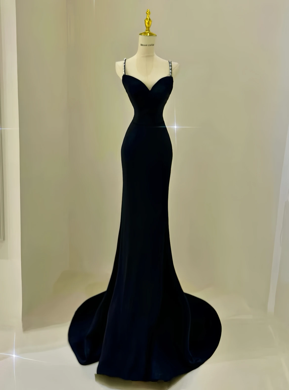 

Black Women Evening Dress Mermaid Backless Pearl Spaghetti Straps Long Trailing Special Occasion Cocktail Party Prom Gown