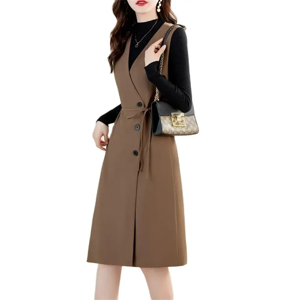 Women's Knee Length Vest Coat with Belt Tank Dresses Overcoat Sleeveless Outerwear Collect Waist Spring Autumn Fashion