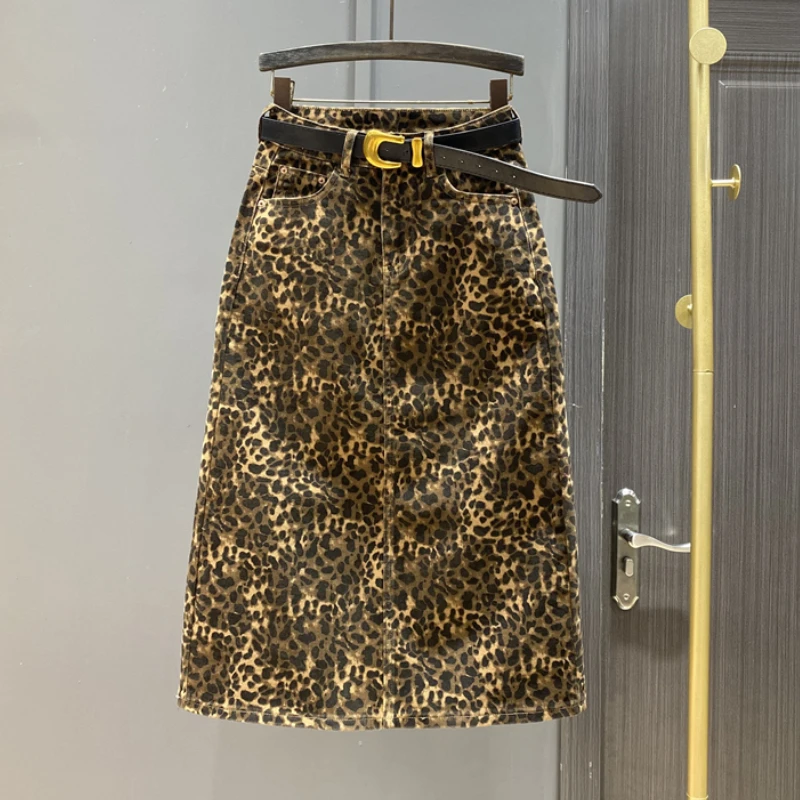 Retro Leopard Print Denim Skirt Women's Medium and Long High Waist Autumn Slimming Hip Covering All-Matching Hip Wrap Skirts